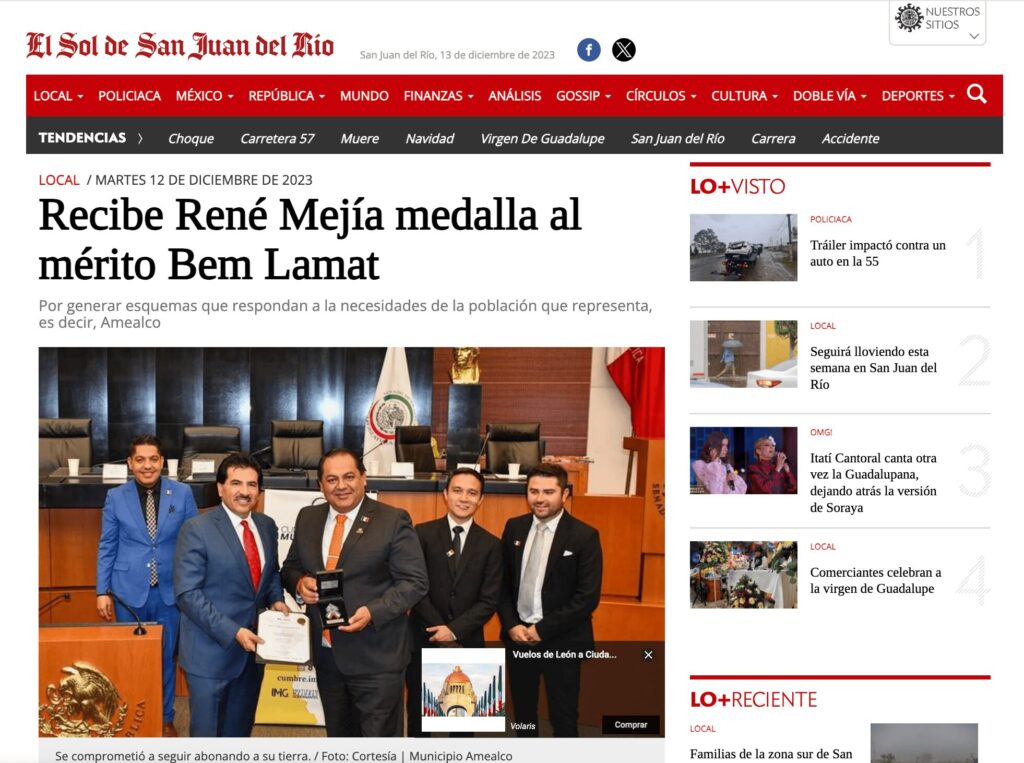 Recibe René Mejía medalla al mérito Ben Lamat - Instituto Mejores Gobernantes Cumbre Mundial de Municipalistas 2023